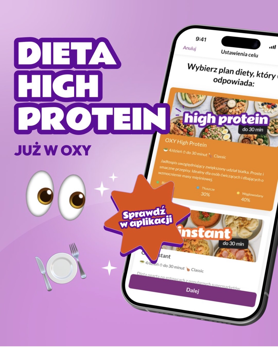 Dieta High Protein w aplikacji Dieta OXY - wariant wysokobiałkowy z 4 posiłkami dziennie
