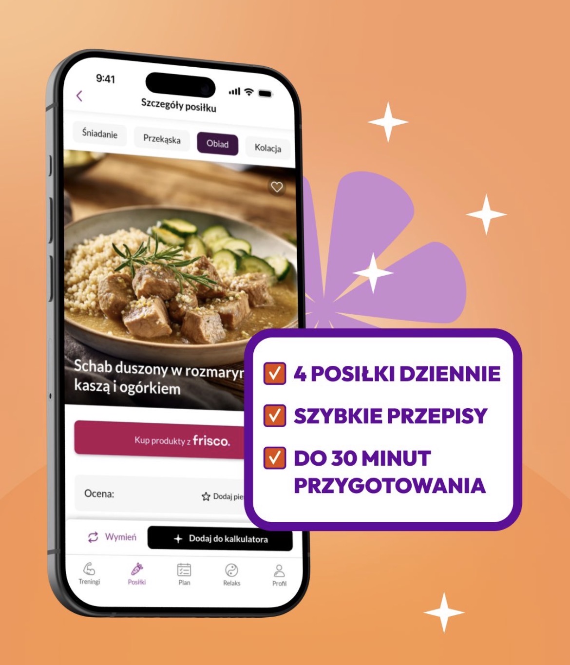 Przepis na schab duszony w rozmarynie w aplikacji Dieta OXY - 4 posiłki dziennie, do 30 minut przygotowania